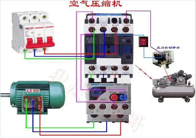 空压机接线空压机的接线要点:如上图控制电路是380v的,压力开关的2根