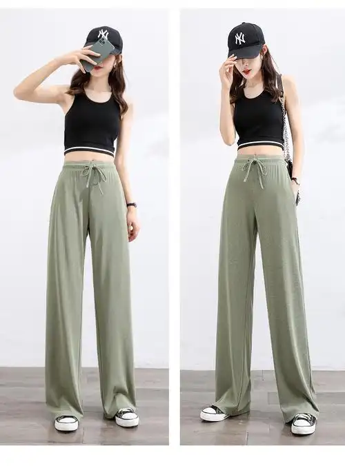 d 2021夏季新款阔腿裤女显瘦高腰坠感透气冰丝长裤简约小个子九分百搭