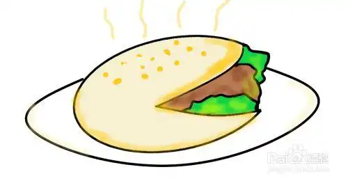 作为馍的外形轮廓; 6 画上一个椭圆作为盘子,用黄色笔在肉夹馍上点缀