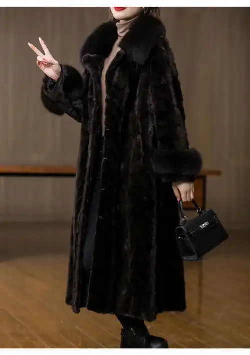 厂家批发长款貂皮大衣女2021新款冬时尚狐狸毛领长袖貂毛皮草外套