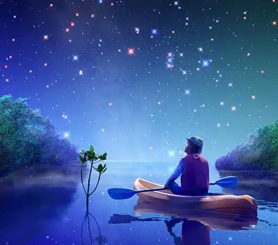 找一张图 右下角有一个带草帽的人在草地上看星空 是动画的图片 不是