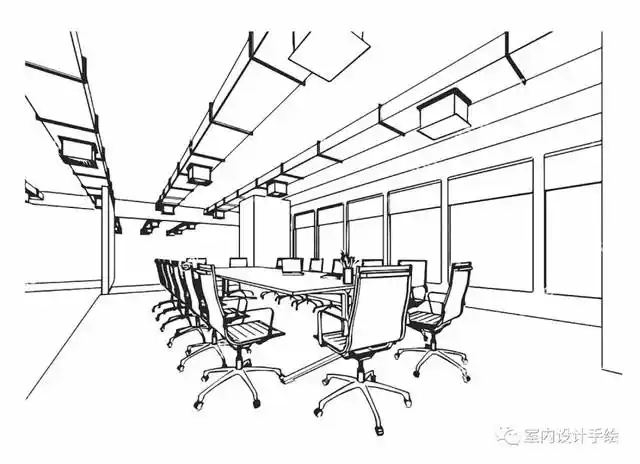 【手绘】几组不一样的办公空间室内设计手绘线稿!
