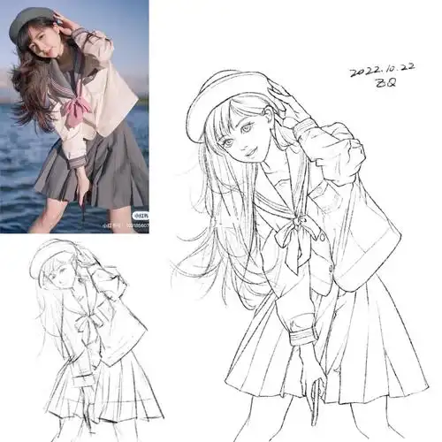 照片参考@樱花家族#画画  #日常练习  #速写打卡  #线稿  #jk制服