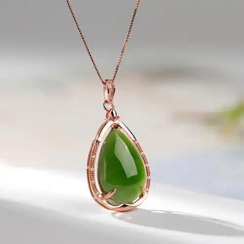 印象眸s925银镶和田玉吊坠银镀玫瑰金镶碧玉水滴形女款玉石吊坠附送
