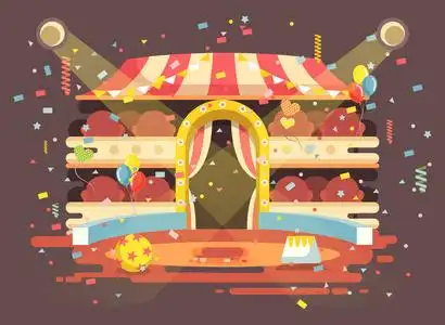 矢量图卡通性能室内空马戏团背景,显示在舞台上,用五彩纸屑在运动设计