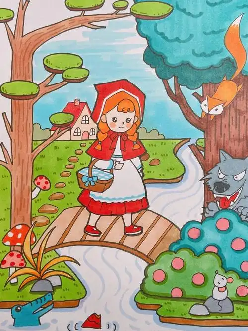 小红帽儿童画场景简笔画森林小屋小房子儿创