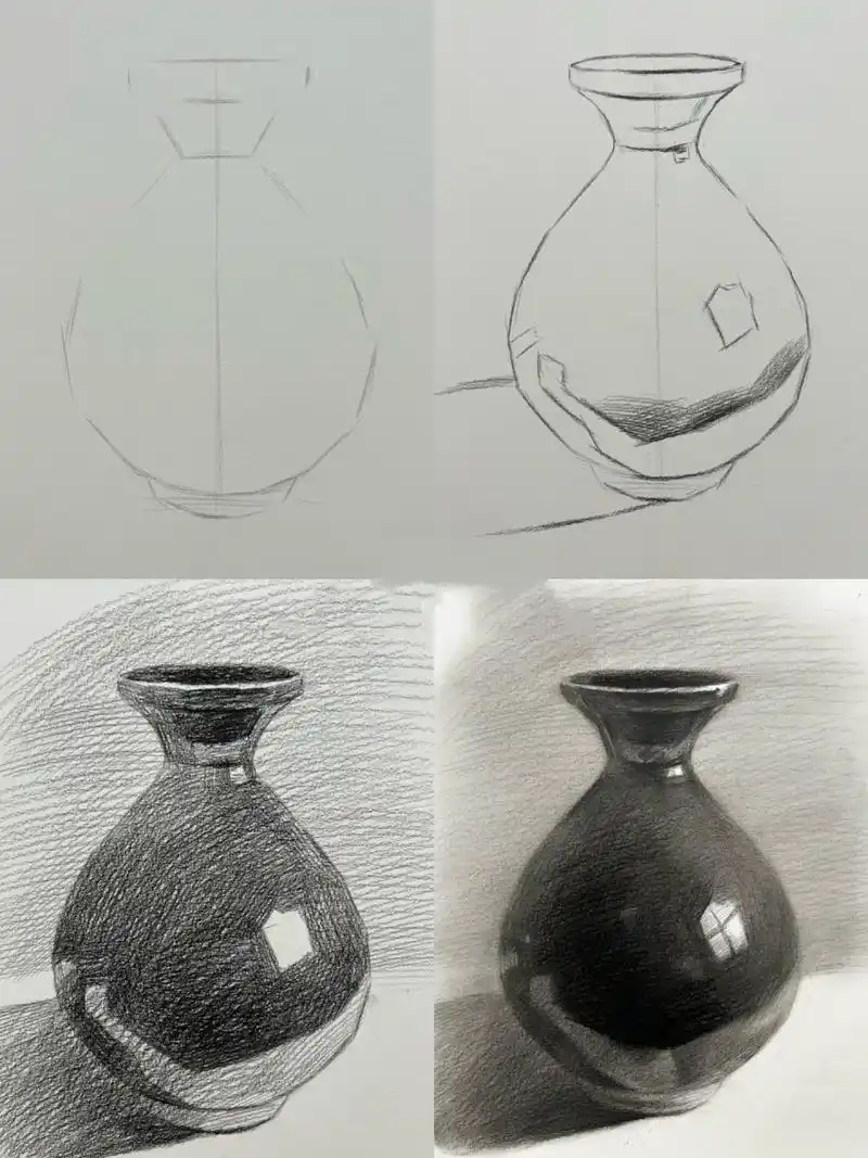 素描基础静物 罐子图文 不是很复杂的造型,注意左右对称 釉面的质感