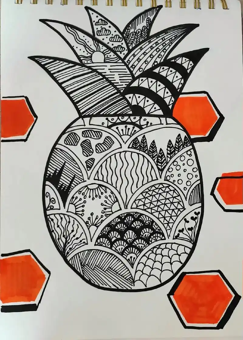 少儿美术素材分享 #一起学画画 #线描装饰画   哈哈!菠 - 抖音