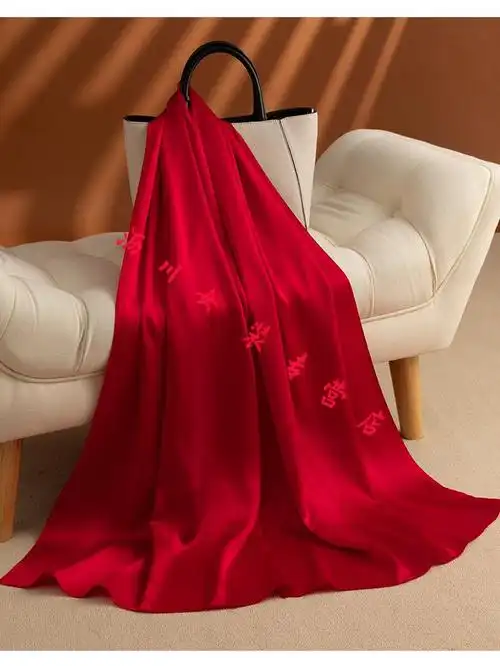 65皮尔卡丹轻奢高档品牌69红色真丝丝巾中国红款洋气时尚披肩年会