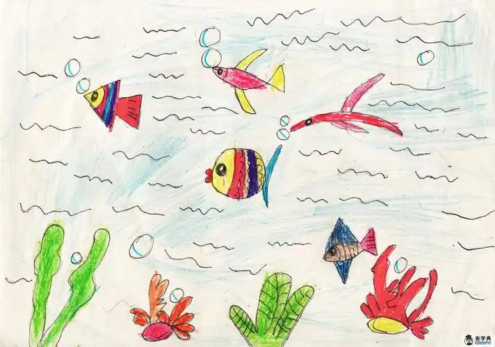 海底世界儿童蜡笔画-自由自在的鱼儿