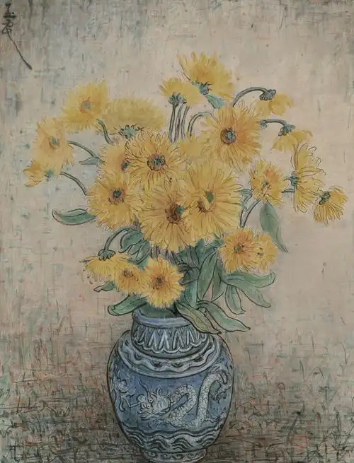 b56 青花瓶和黄菊花-潘玉良 油画 67x51cm