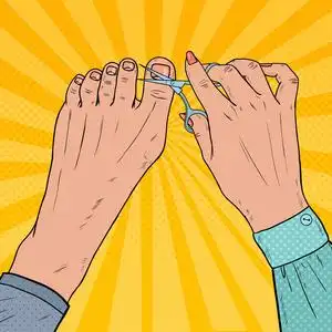 流行艺术女性手关心脚指甲.用剪刀剪指甲.矢量插图照片