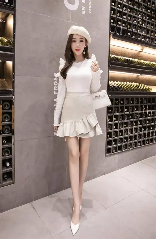 拍2018秋冬小清新 荷叶边短裙超火洗水pu皮裙 a字裙 半身裙