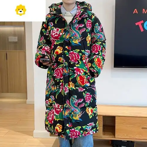 fishbasket新款长款棉衣外套东北大花中国风汉服宽松p暖防寒连帽棉袄