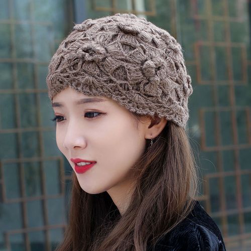 女士秋冬季手工针织帽子立体花朵双层毛线帽保暖时尚优雅显气质潮