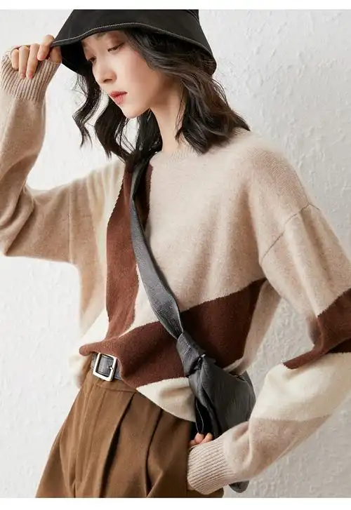 支持质检100%全羊毛2021秋冬新款女士圆领撞色宽松针织打底衫毛衣