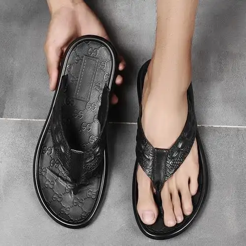 公子飒拖鞋男夏季人字拖男真皮头层牛皮鳄鱼纹沙滩夹趾拖潮流时尚帅气