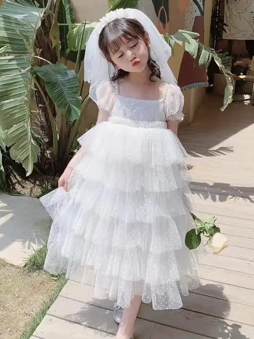 女童白色蓬蓬公主儿童洋气走秀演出婚纱裙子连衣裙