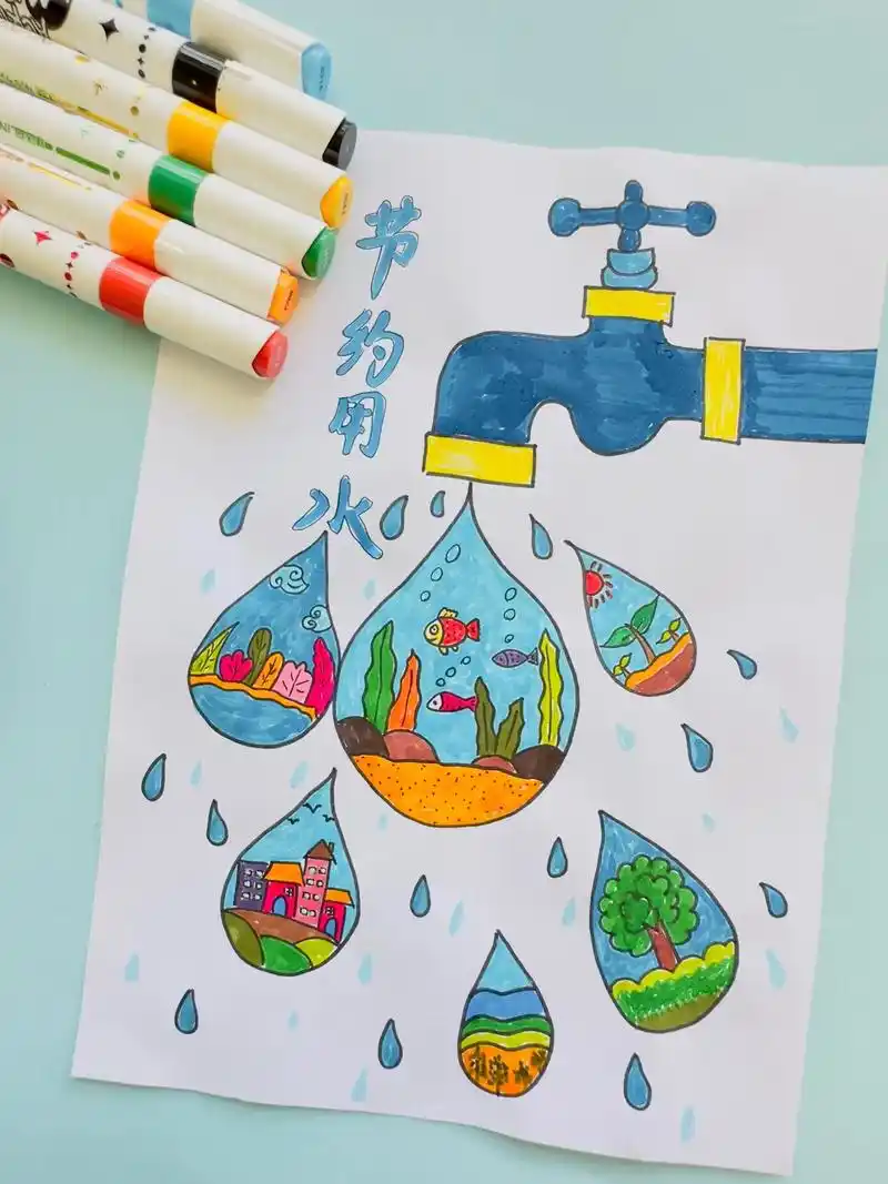 节约用水主题画 #儿童画 #节约用水 #简笔画 #节约用水手 - 抖音