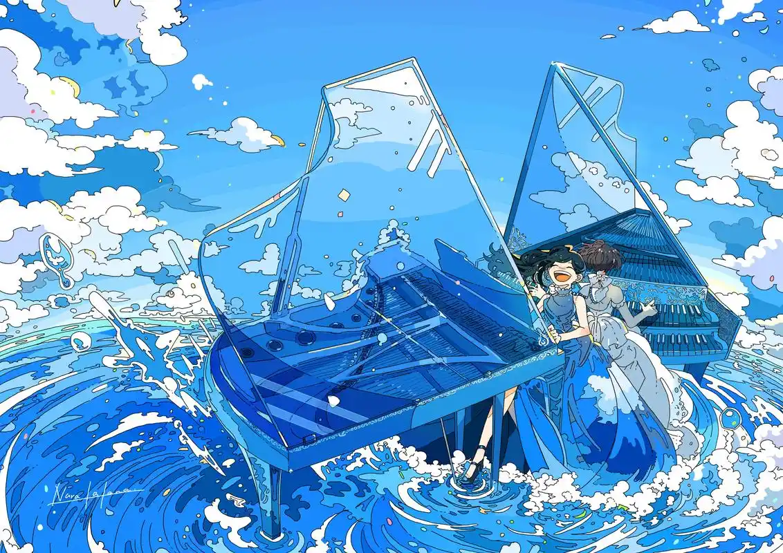 画师「ならの」作品欣赏:蓝色梦幻海底世界,透明感治愈系场景插画