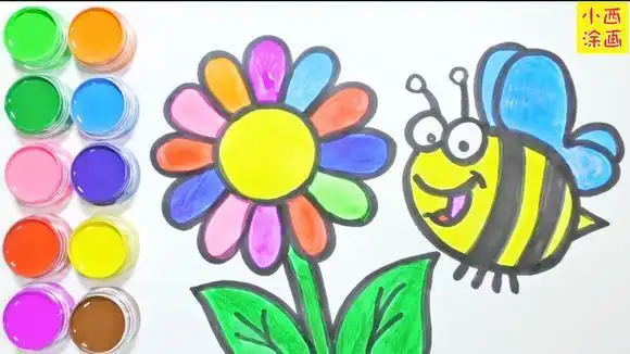 亲子趣味创意简笔画,胖胖版可爱小蜜蜂忙着采七彩花蜜,色彩认知-母婴