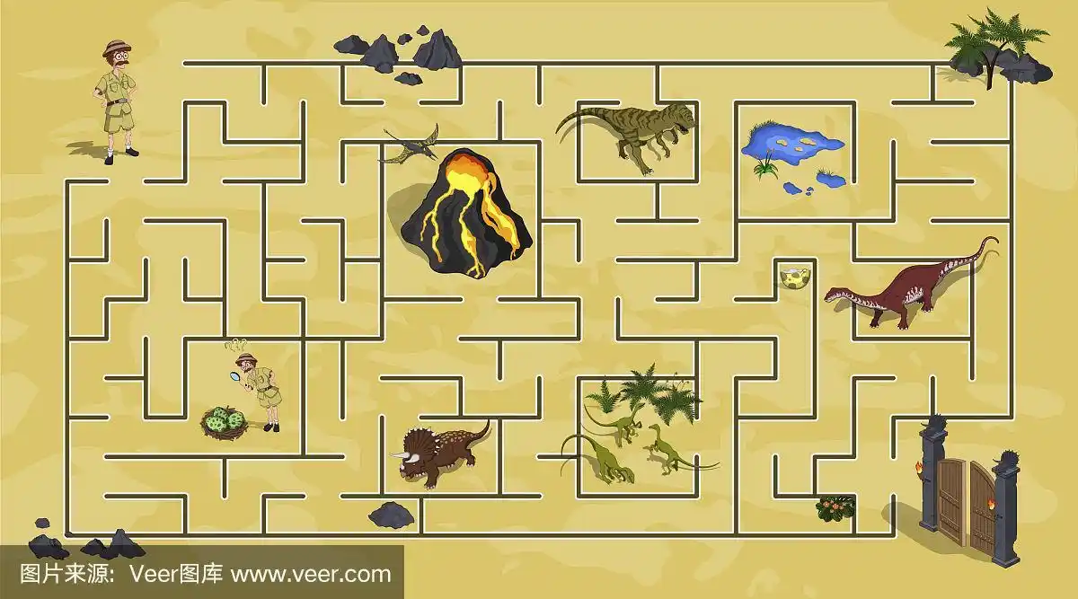 卡通儿童在恐龙的世界里走迷宫