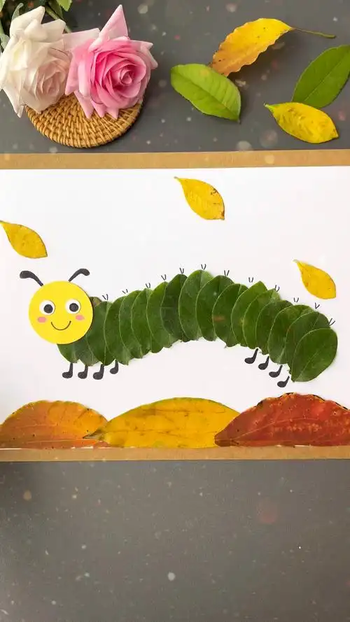 树叶贴画,毛毛虫