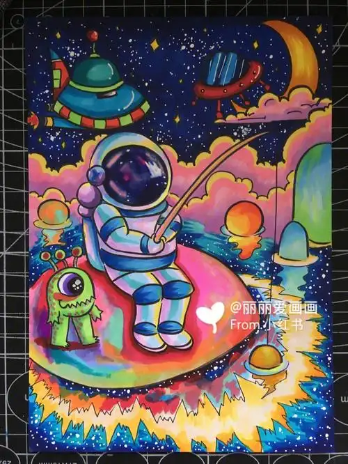 儿童画科幻画外太空马克笔过程
