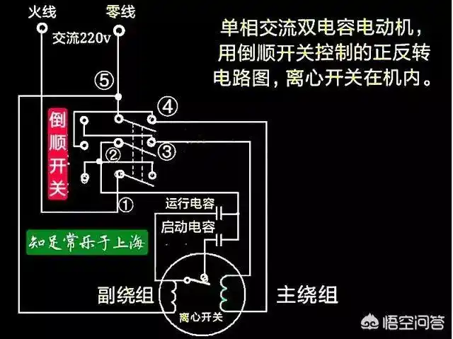 220v电动机带2个电容如何倒转