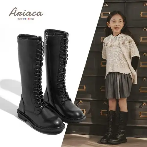 ariaca女童靴子长筒靴2020春秋新款黑色童鞋长靴儿童马丁靴高筒靴