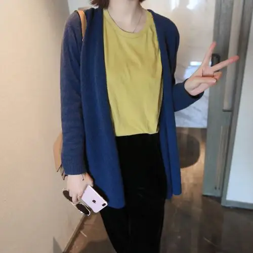 by spring秋冬新款韩国女装 高端款复古藏蓝色羊绒 针织开衫_不打折