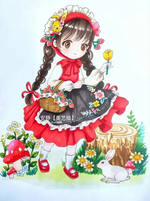 马克笔手绘红色小女孩步骤图