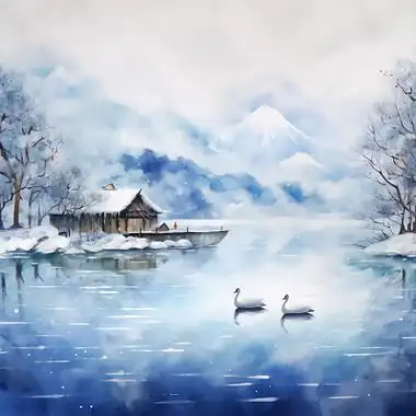 古风水彩水墨山水画中国风风景壁纸小船飞鸟古典山水画祥云国潮山水