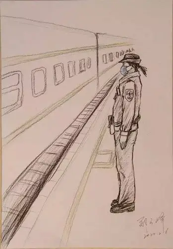 小学美术老师亲笔绘就铁警妻子战疫身影,成结婚周年特别礼物