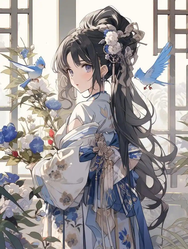 ai古装参考 关键词:一位穿着白色服装的年轻女士,附近有鲜花,灵感来自