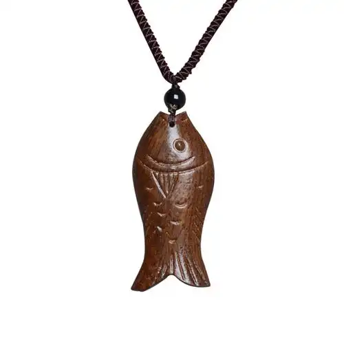 复古木鱼项链吊坠桃木木刻民族风长款木质毛衣项链