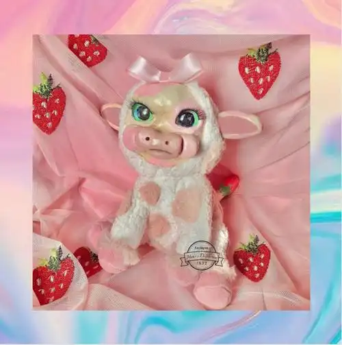 中古艺术家手作粉色奶牛公仔vintage