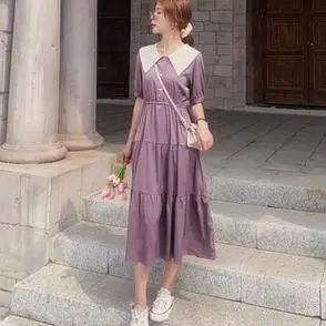 拼接连衣裙女夏2021新款宽松显瘦可盐可甜气质桔梗裙初恋长裙法式