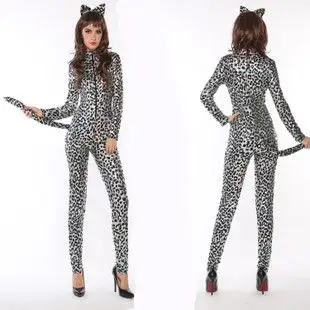 夜店情趣豹纹猫女郎连体装带尾巴银色豹纹猫女装制服诱惑万圣节服