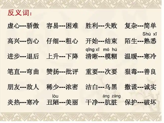 反义词: 虚心---骄傲 高兴---伤心 容易---困难 仔细---粗心 胜利