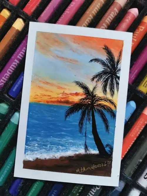 油画棒海边暮色落霞风景画附步骤