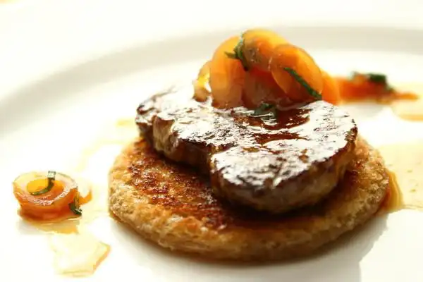 seared foie gras with pickled ramp-apricot syrup