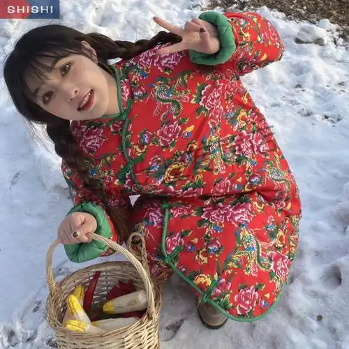袄大棉袄加厚民族风碎花棉服时尚棉衣棉裤套装女外穿定制红色套装xl
