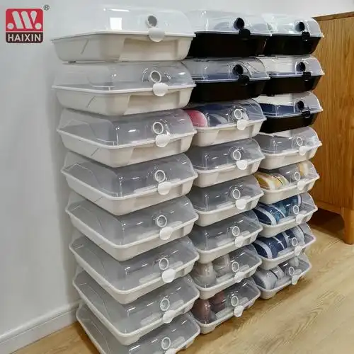 海鑫海鑫最新翻盖式塑料鞋盒可堆叠透明鞋子收纳盒大尺寸鞋罐