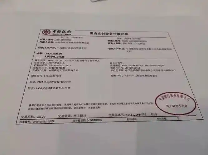 儿慈会向中青报·中青网记者出示了中国银行《国内支付业务付款回单》