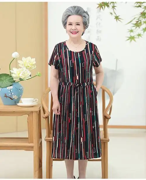 老奶奶夏季连衣裙夏装长裙子中老年人装60岁70妈妈老人棉绸短袖908蓝