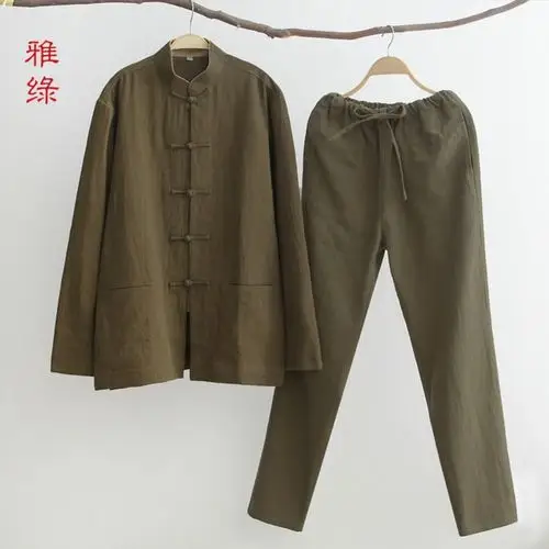 亚麻唐装男春秋复古盘扣中式棉麻长袖套装民族中国风中老年居士服