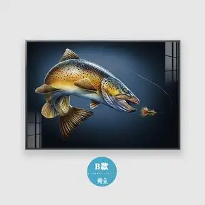 鳟鱼画溪流路亚艺术壁画家装渔具店飞蝇钓鱼有框挂画手绘个性装饰