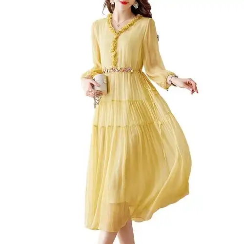 年轻妈妈时尚高端桑蚕丝长裙仙女感大牌真丝连衣裙女收腰显瘦夏季