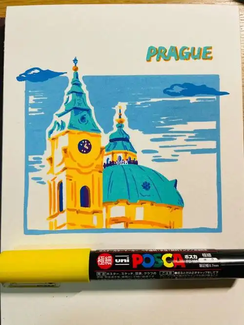 每日一画布拉格广场丙烯马克笔含步骤